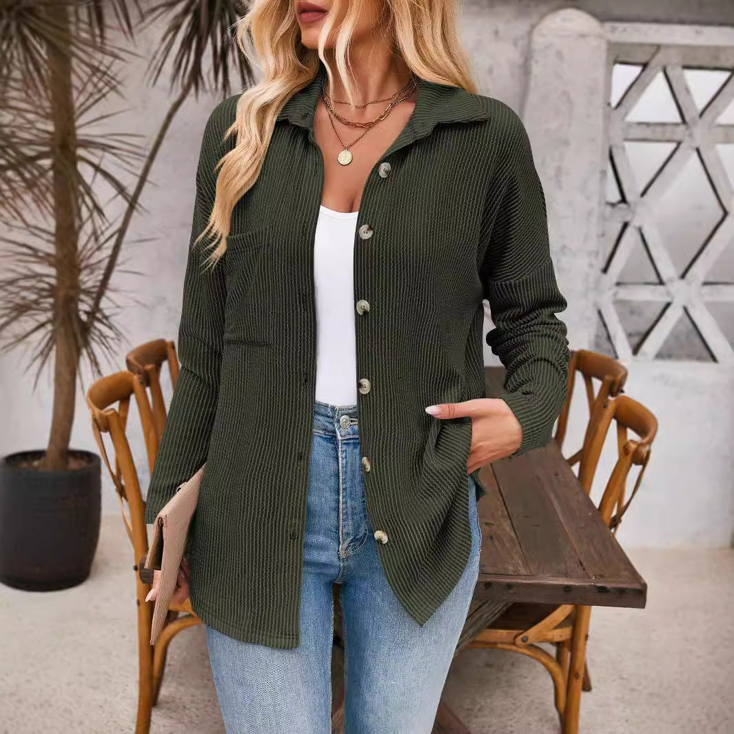 Women's Casual Waffle Pique Blouse Jacket with Practical Pockets and Button Closure NOVAE