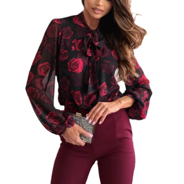Women's transparent blouse with floral design and elegant bow collar NOVAE