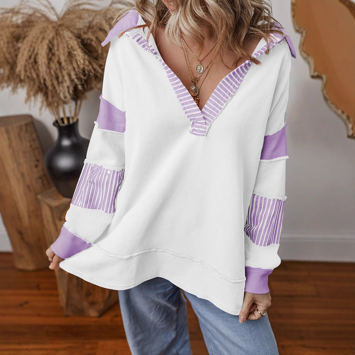 Women's casual sweater with shirt collar and striped sleeves NOVAE