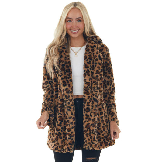 Women's fashionable cuddly jacket in leopard print NOVAE