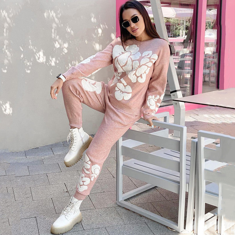 Women's knitted suit with floral designs NOVAE