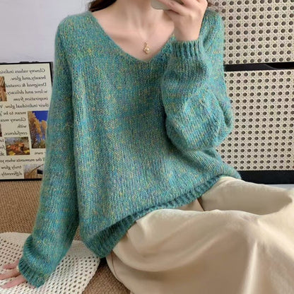 Women's lightweight knit sweater with V-neck and voluminous sleeves NOVAE