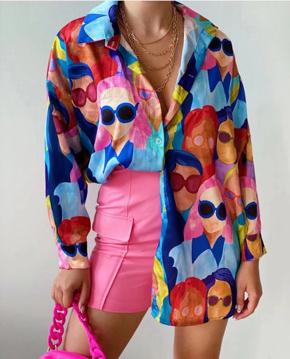 Women's Transparent Blouse with Colorful Graphic Design and Oversized Cut NOVAE