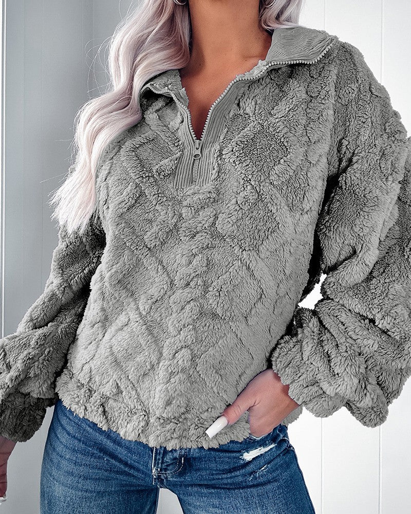 Women's Cozy Fleece Pullover with Half Zip and Volume Sleeves NOVAE