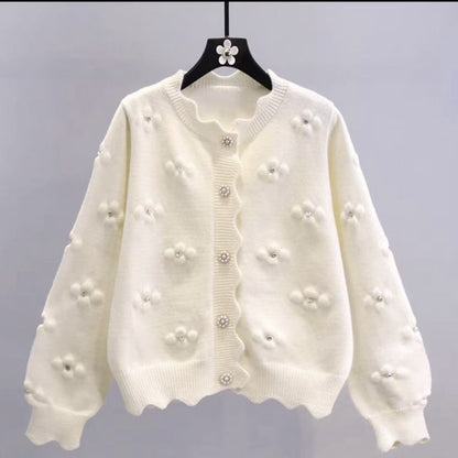 Women's playful knit cardigan with decorative pearl buttons and floral design NOVAE