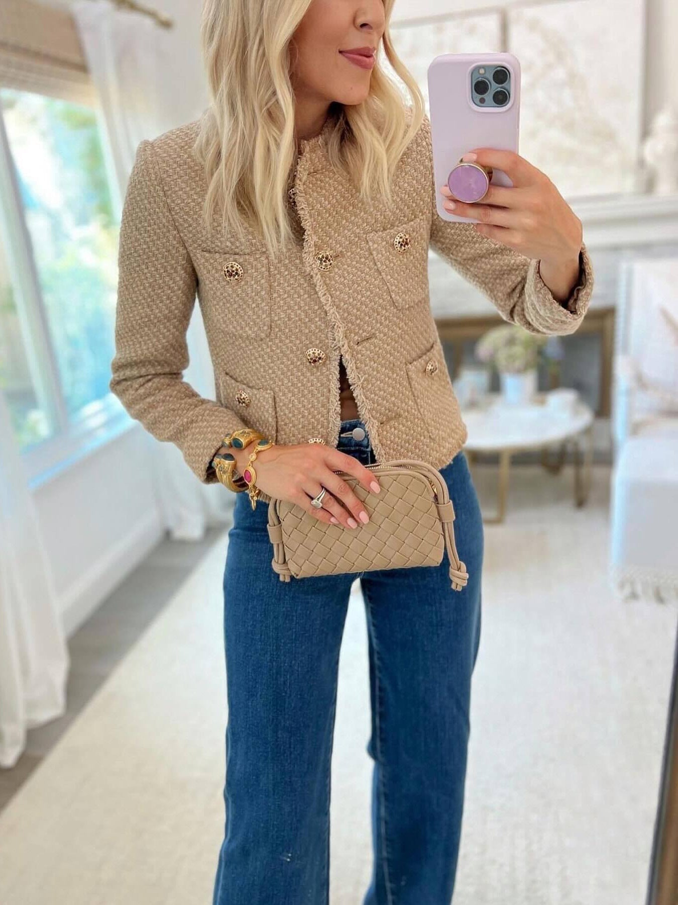 Women's elegant tweed jacket with fringe and decorative buttons NOVAE