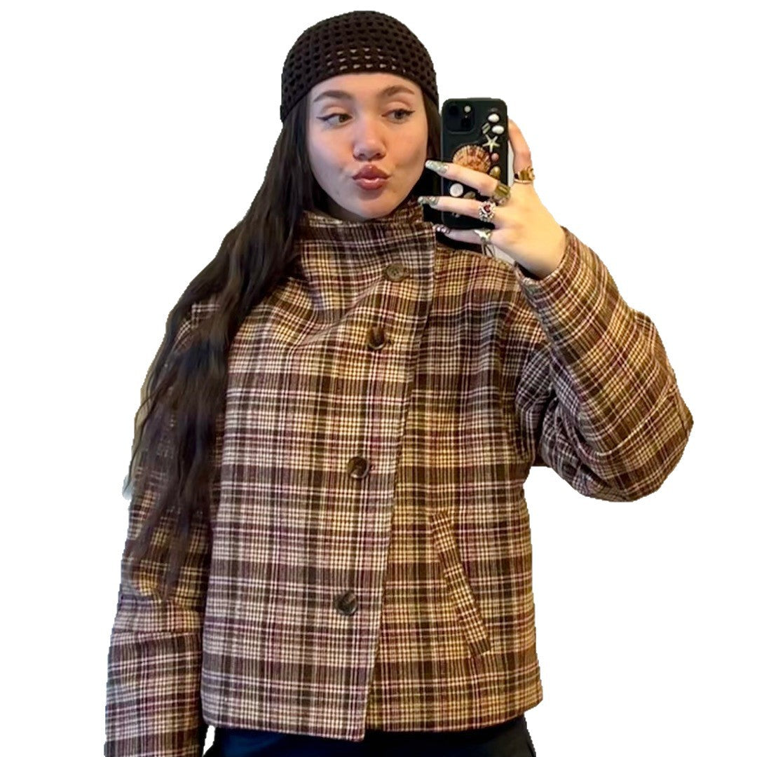 Women's Checkered Oversized Jacket with High Collar and Unique Button Placket NOVAE