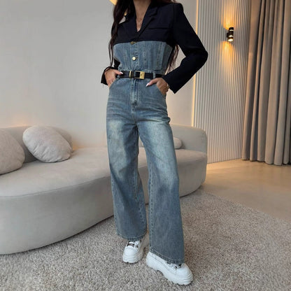 Women's denim jumpsuit with contrasting top and wide leg NOVAE