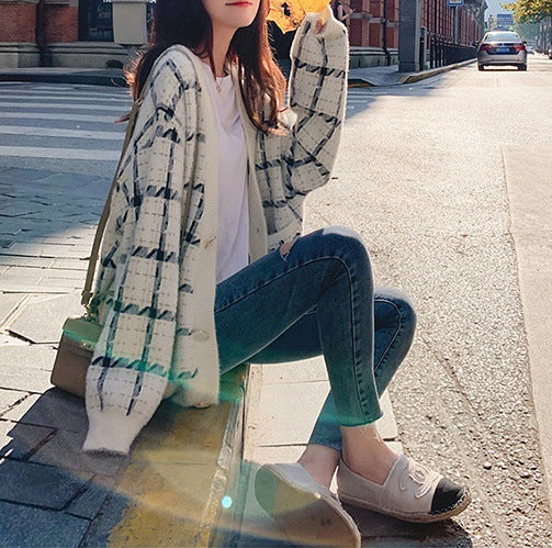 Women's Cozy Oversized Knit Cardigan with Check Pattern NOVAE