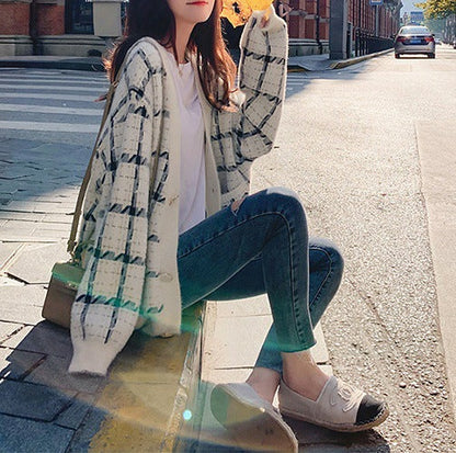 Women's Cozy Oversized Knit Cardigan with Check Pattern NOVAE