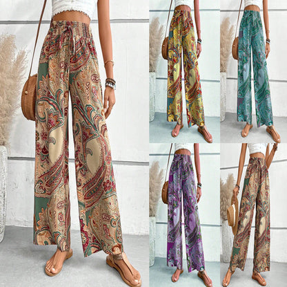 Women's wide-leg summer trousers with floral patterns and elasticated waistband NOVAE