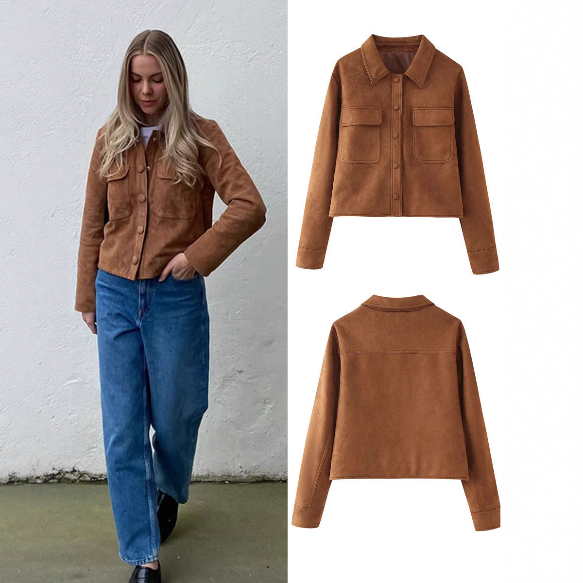 Women's fashionable short jacket made of imitation suede with practical pockets and an elegant collar NOVAE