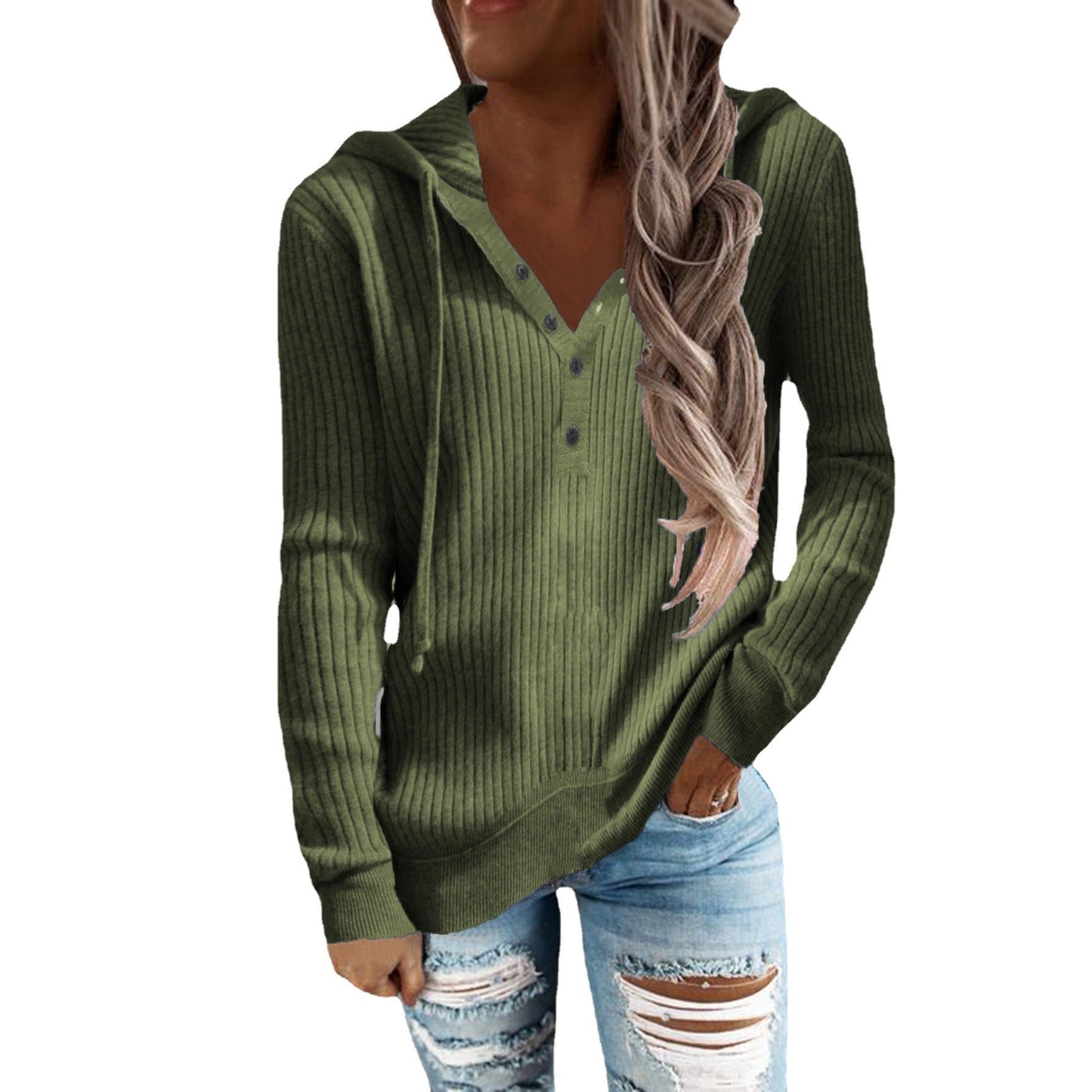 Women's casual hoodie with structured rib pattern and button placket NOVAE