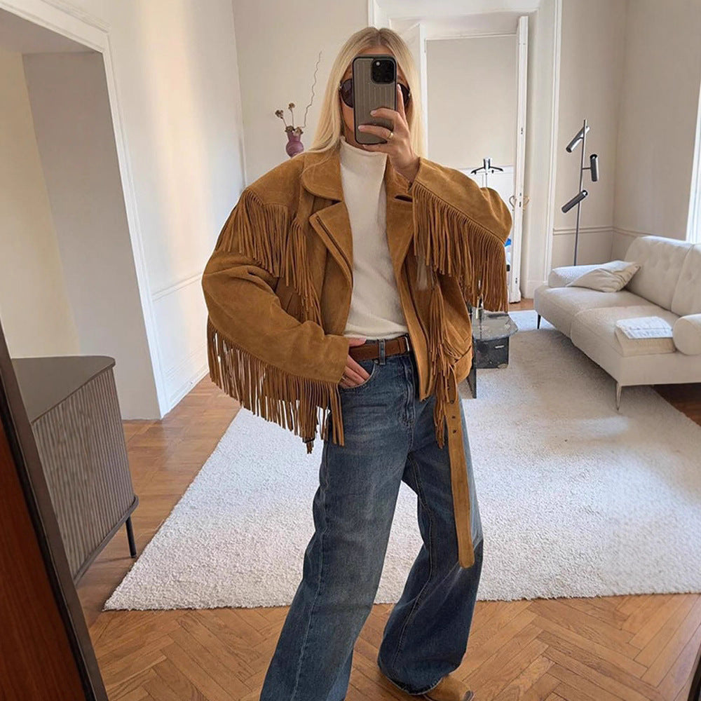 Women's leather jacket with fringe and waist belt NOVAE