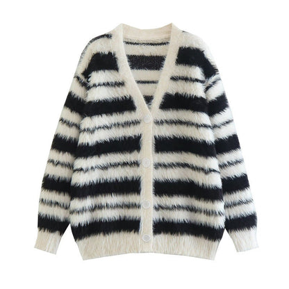 Women's cozy knit cardigan with a modern striped pattern and soft material NOVAE