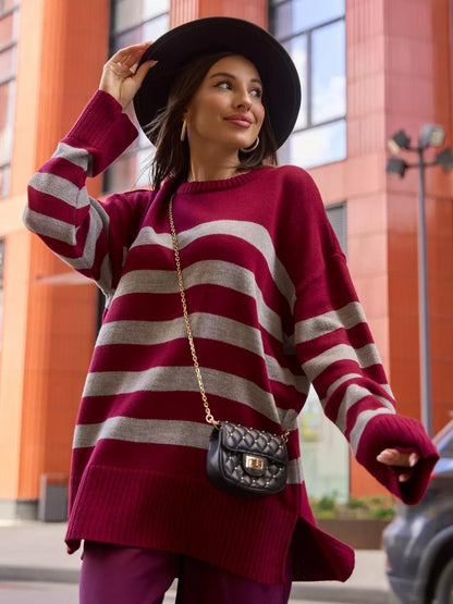 Women's oversized knit sweater with fashionable striped pattern and detailed ribbed texture NOVAE