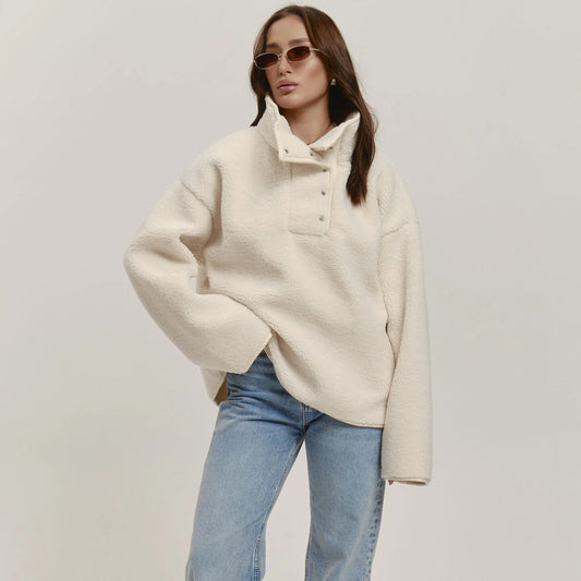 Women's Cozy Oversized Fleece Jacket with Stand-Up Collar and Snap Buttons NOVAE