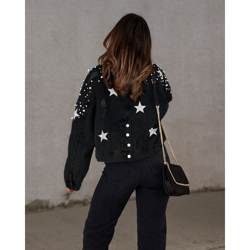 Women's denim jacket with eye-catching appliqués and oversized cut NOVAE