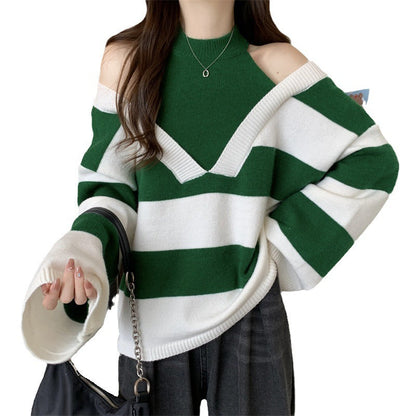 Women's V-neck oversized sweater with fashionable striped pattern and open shoulder design NOVAE