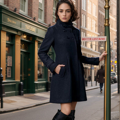 Women's elegant coat with high collar and functional pockets NOVAE