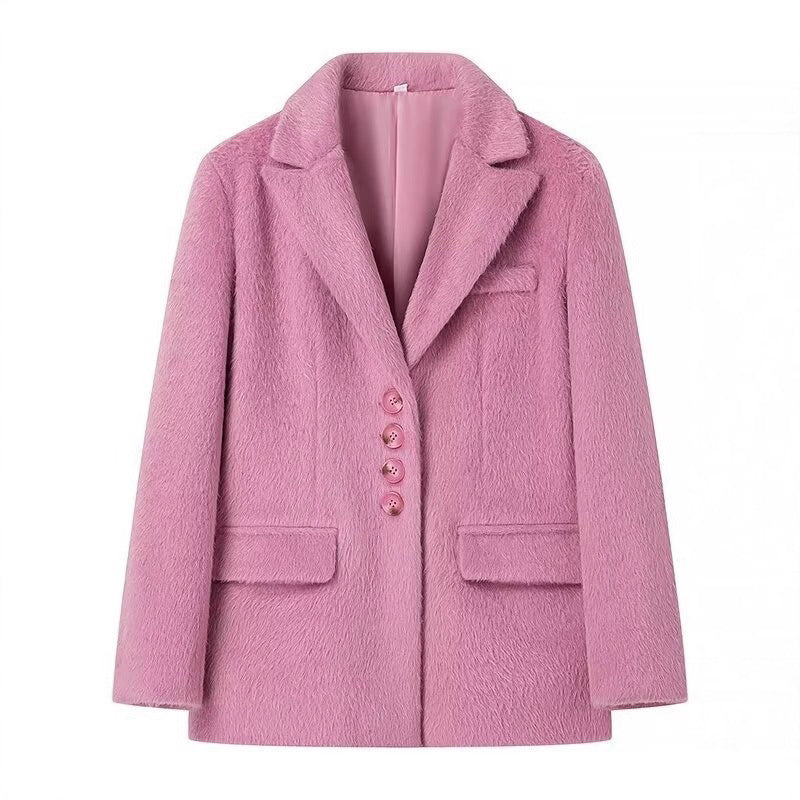 Women's elegant blazer jacket with soft fur and decorative button details NOVAE