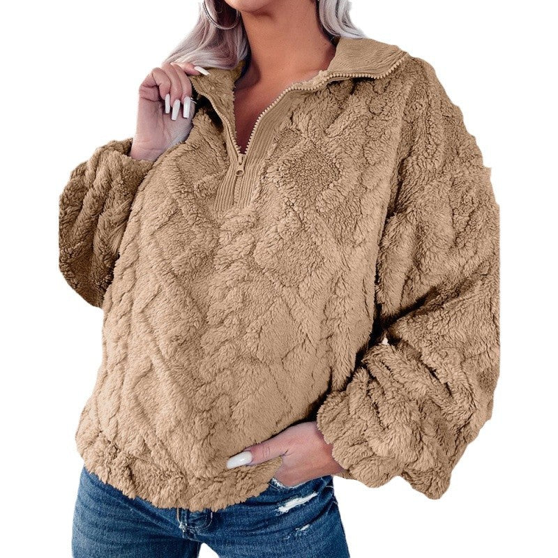 Women's fleece pullover with half zipper and textured design NOVAE