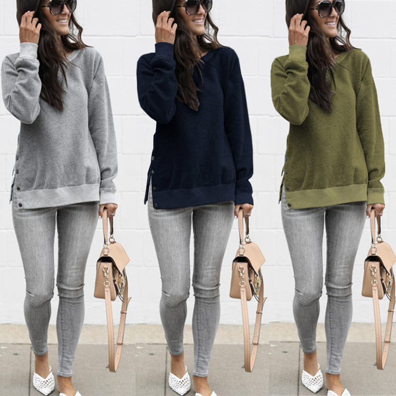 Women's Comfortable Sweatshirt with Button Details and Side Slits NOVAE