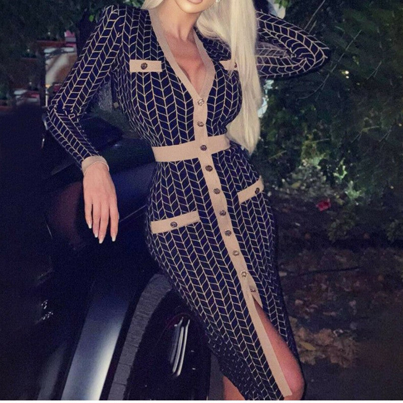 Women's knitted dress with button detailing and V-neck NOVAE