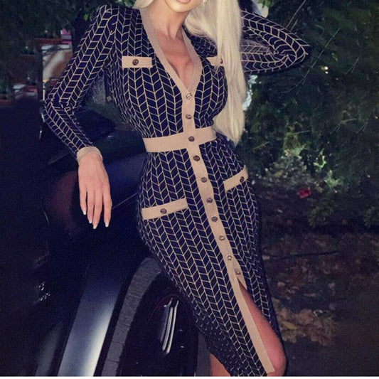 Women's knitted dress with button detailing and V-neck NOVAE