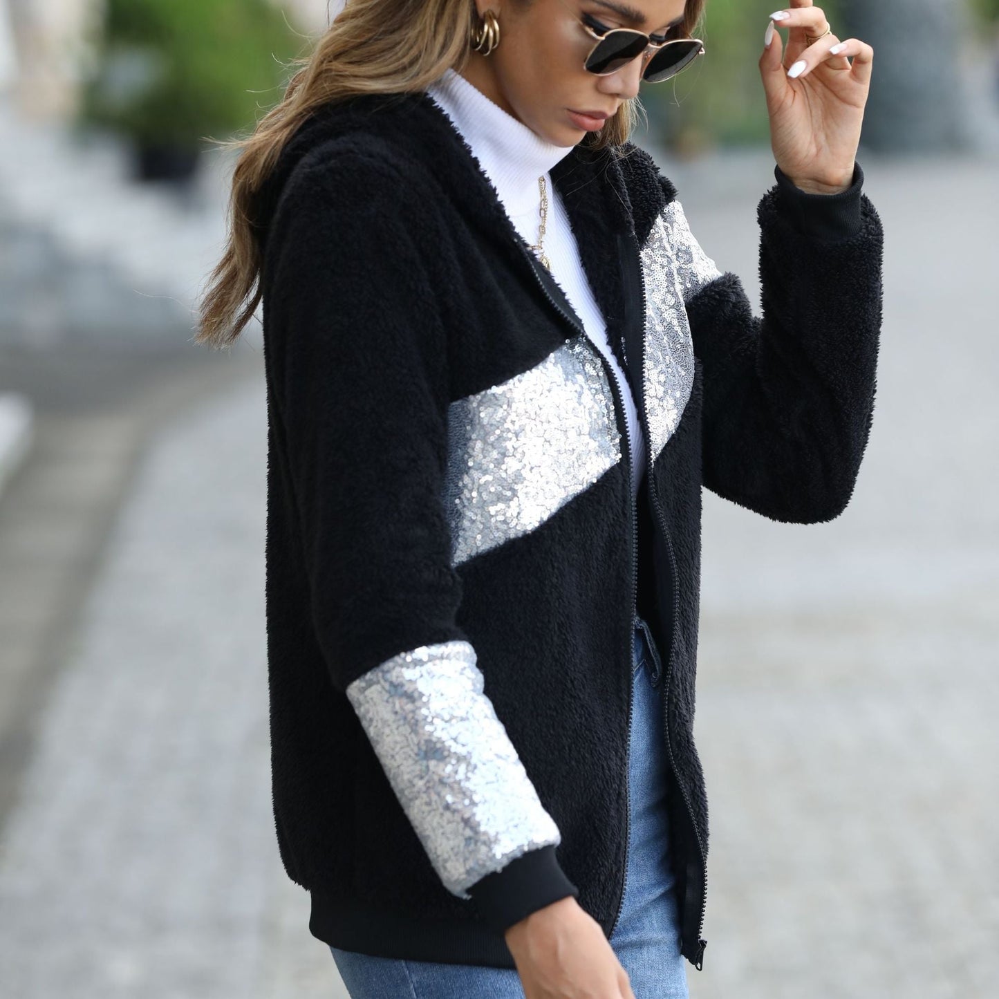 Women's fleece jacket with glitter accents and practical zipper NOVAE