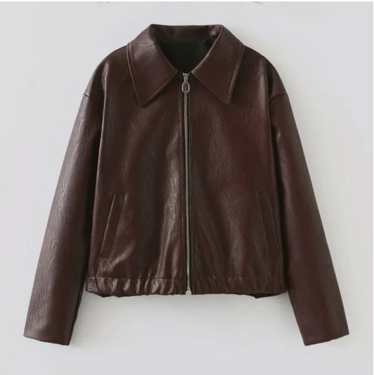 Women's casual leather jacket in a sporty style with elasticated waistband NOVAE