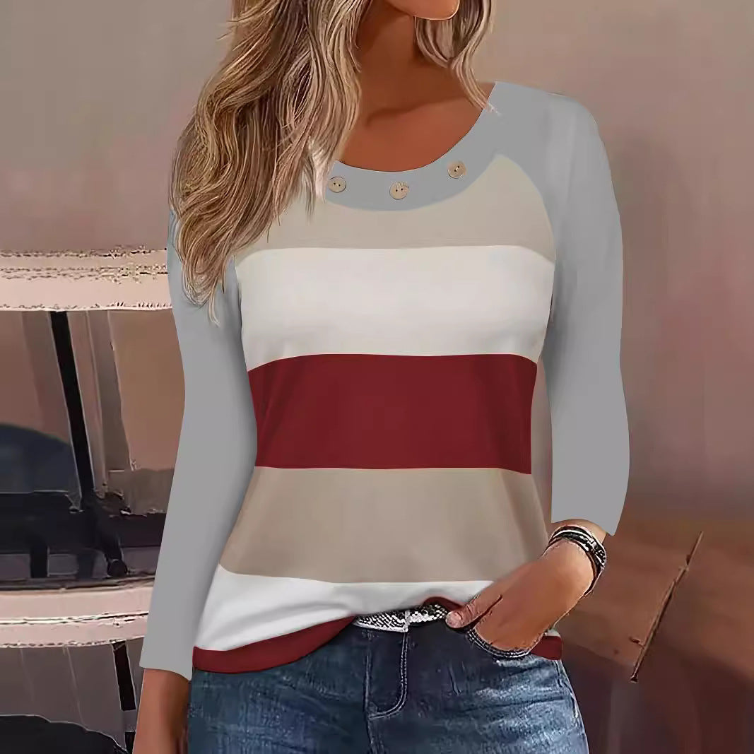 Women's casual cotton shirt with fashionable stripes and decorative buttons NOVAE