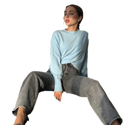 Women's casual sweater with a modern ribbed collar and trendy rip details NOVAE