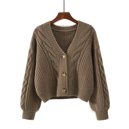 Women's cardigan with unusual cable pattern and deep V-neck NOVAE