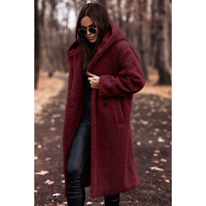 Women's cozy teddy coat with hood and button closure NOVAE