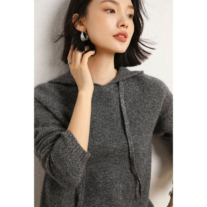 Women's casual knit sweater with hood and finely textured surface NOVAE