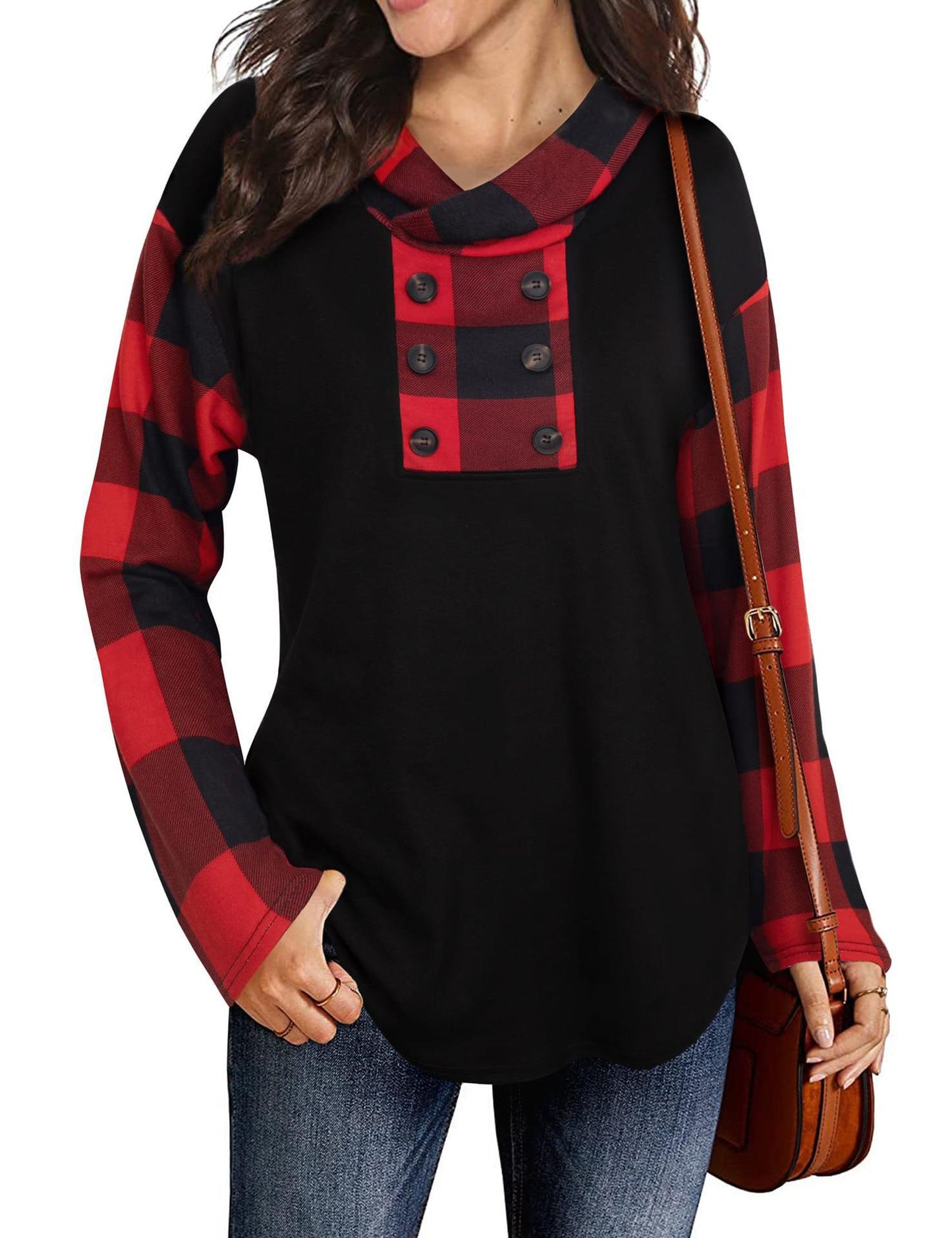 Women's fashionable sweatshirt with check pattern and button placket NOVAE
