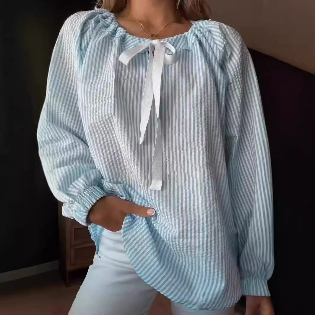 Women's blouse with elasticated neckline and bow tie NOVAE