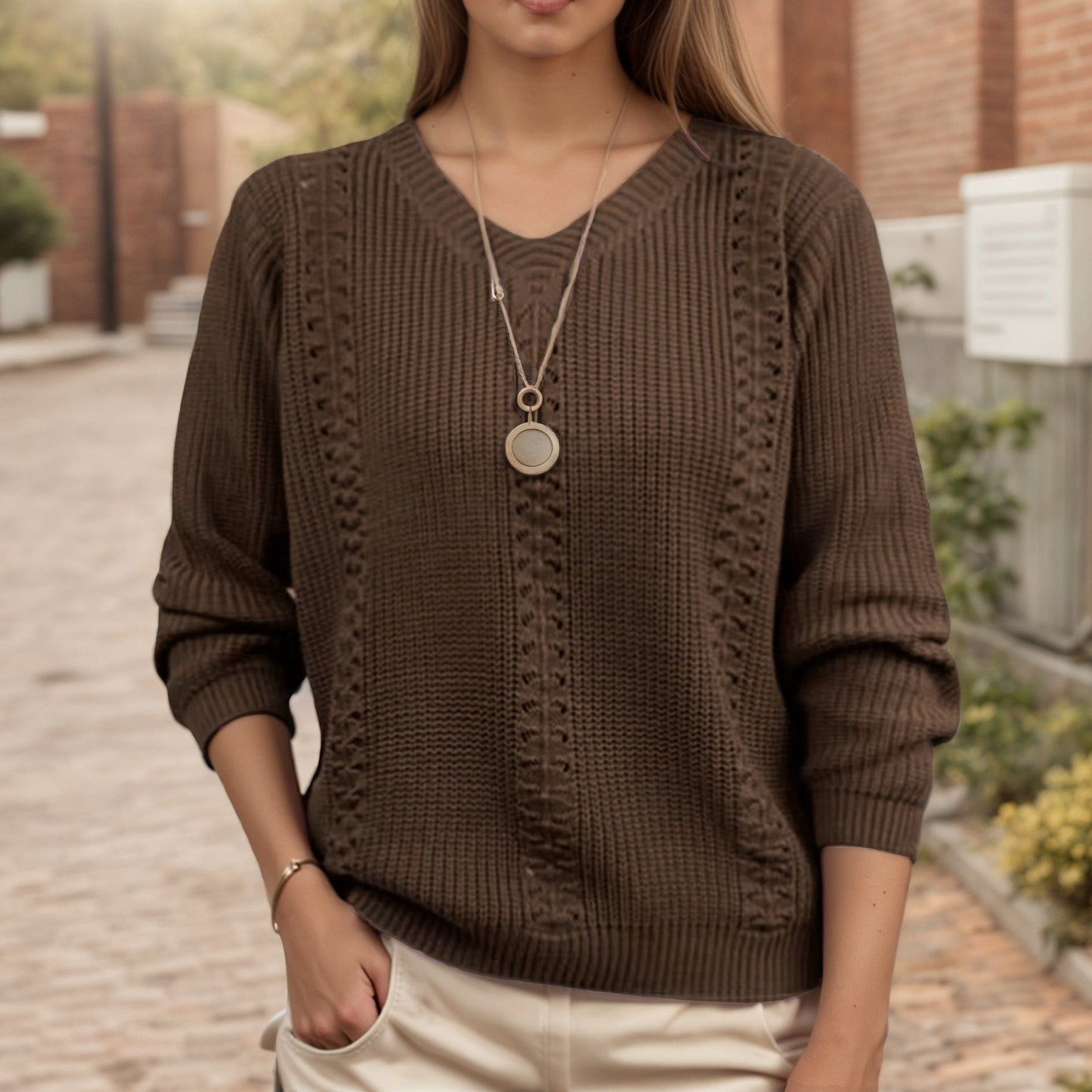Women's V-neck knit sweater with textured finish NOVAE
