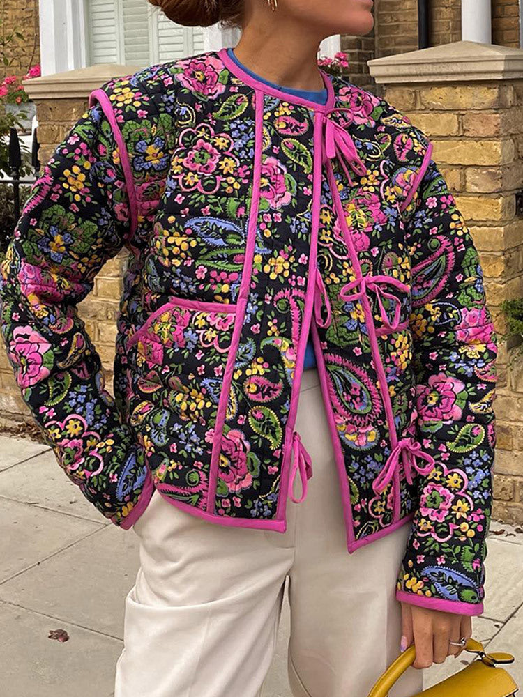 Women's fashionable quilted jacket with floral pattern and practical pockets NOVAE