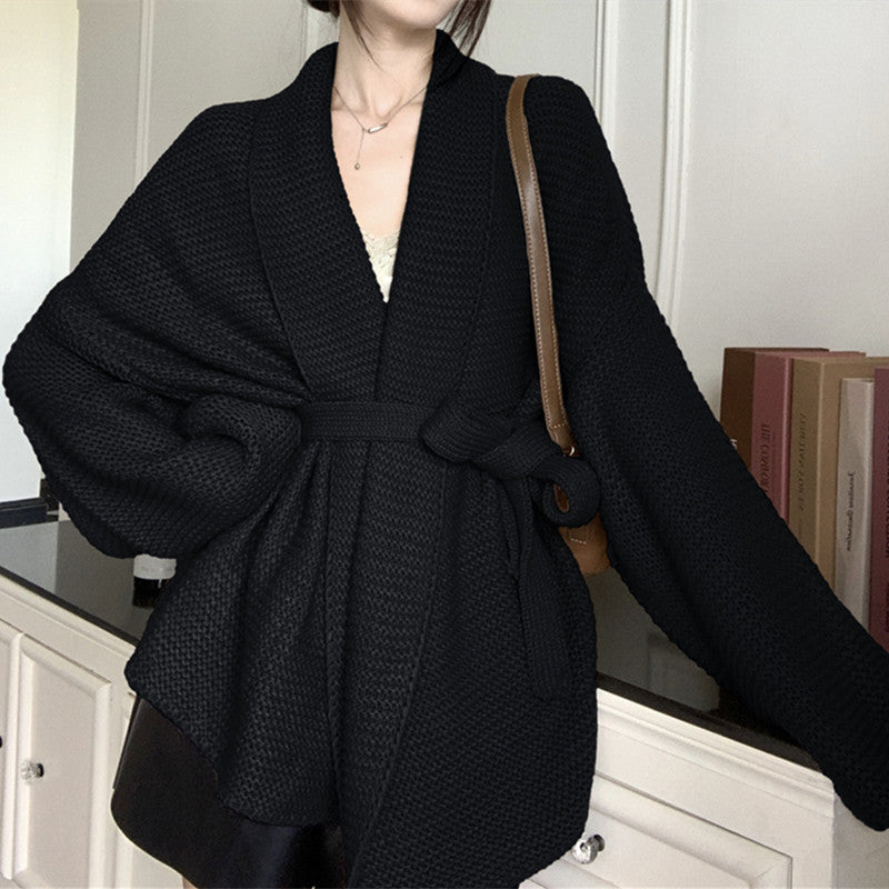 Women's casual knit blazer with belt and voluminous sleeves NOVAE