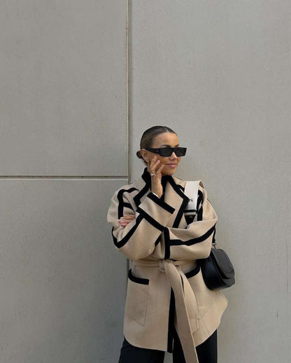 Women's fashionable oversized coat with belt and graphic contrasts NOVAE