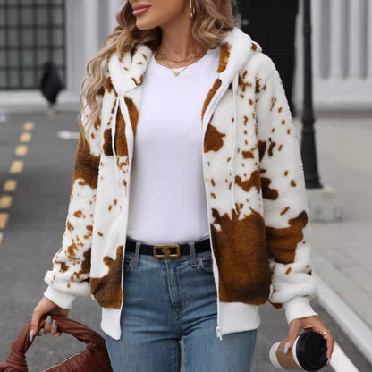 Women's plush jacket with animal print and practical pockets NOVAE
