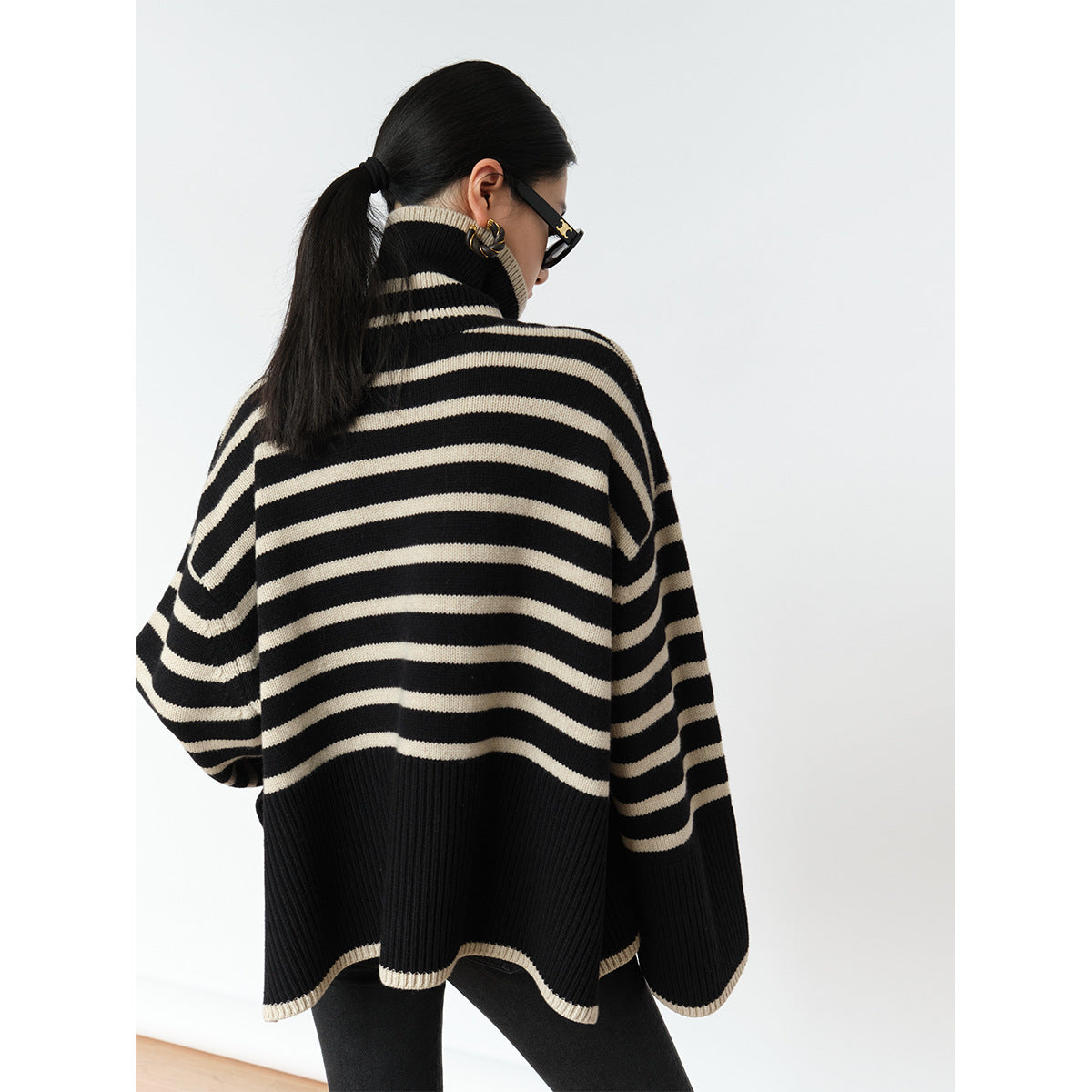 Women's Casual Knit Sweater with Block Stripes and High Collar NOVAE