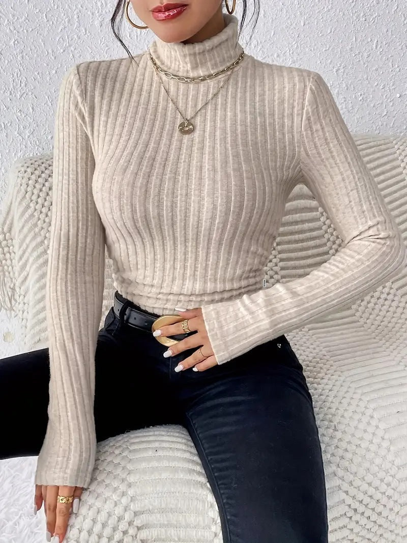 Women's Ribbed Knit Turtleneck Top with Long Sleeves NOVAE