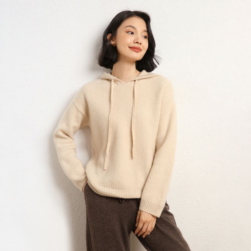 Women's casual knit sweater with hood and finely textured surface NOVAE