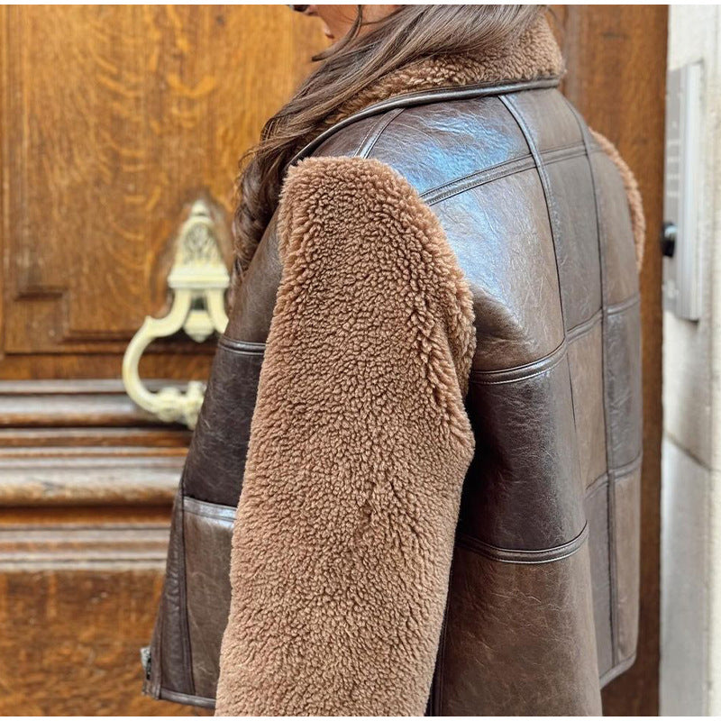 Women's faux fur leather jacket in an elegant oversized style NOVAE