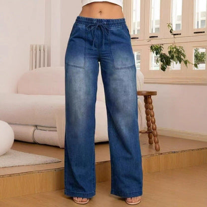 Women's wide-leg denim trousers with elasticated waistband and side pockets NOVAE