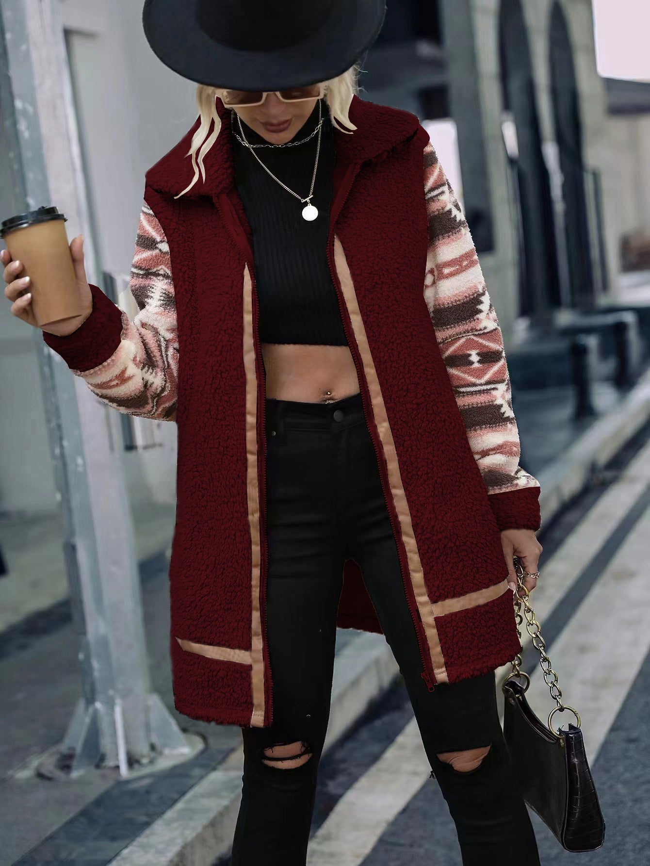 Women's fleece-lined long jacket with fashionable pattern and practical integrated pockets NOVAE