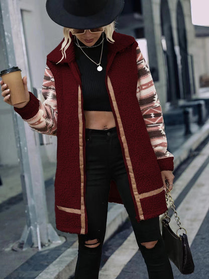 Women's fleece-lined long jacket with fashionable pattern and practical integrated pockets NOVAE